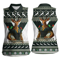 South Africa Christmas Rugby Women Sleeveless Polo Shirt Springboks Mascot Mix African Pattern - Wonder Print Shop