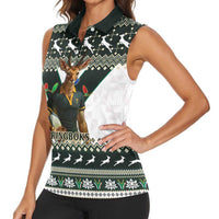 South Africa Christmas Rugby Women Sleeveless Polo Shirt Springboks Mascot Mix African Pattern - Wonder Print Shop