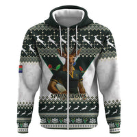 South Africa Christmas Rugby Zip Hoodie Springboks Mascot Mix African Pattern - Wonder Print Shop