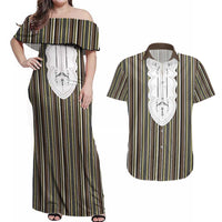 Liberia Brown Kpelle Traditional Pattern Couples Matching Off Shoulder Maxi Dress and Hawaiian Shirt - Wonder Print Shop