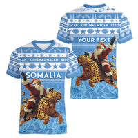 Personalised Somalia Christmas Women V-Neck T-Shirt Black Santa Riding Leopard Kirismas Wacan - Wonder Print Shop