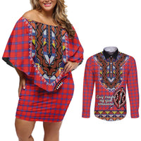 Personalised Kenya Maasai Shuka Couples Matching Off Shoulder Short Dress and Long Sleeve Button Shirt Mix Dashiki - Beadwork Pattern - Wonder Print Shop
