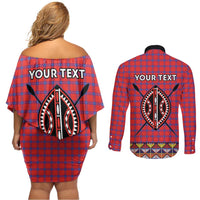 Personalised Kenya Maasai Shuka Couples Matching Off Shoulder Short Dress and Long Sleeve Button Shirt Mix Dashiki - Beadwork Pattern - Wonder Print Shop