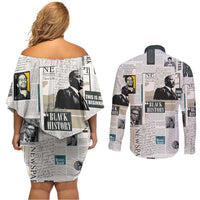Civil Rights Leaders Couples Matching Off Shoulder Short Dress and Long Sleeve Button Shirt Newspaper Print Style - Wonder Print Shop