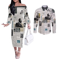 Civil Rights Leaders Couples Matching Off The Shoulder Long Sleeve Dress and Long Sleeve Button Shirt Newspaper Print Style