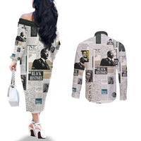 Civil Rights Leaders Couples Matching Off The Shoulder Long Sleeve Dress and Long Sleeve Button Shirt Newspaper Print Style