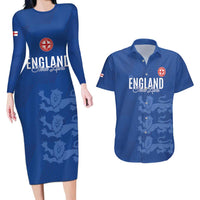 Custom England Cricket Couples Matching Long Sleeve Bodycon Dress and Hawaiian Shirt Go Three Lions - Blue Ver