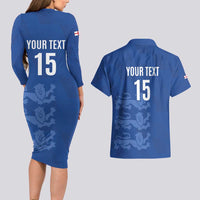 Custom England Cricket Couples Matching Long Sleeve Bodycon Dress and Hawaiian Shirt Go Three Lions - Blue Ver