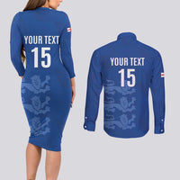 Custom England Cricket Couples Matching Long Sleeve Bodycon Dress and Long Sleeve Button Shirt Go Three Lions - Blue Ver