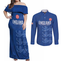 Custom England Cricket Couples Matching Off Shoulder Maxi Dress and Long Sleeve Button Shirt Go Three Lions - Blue Ver