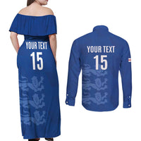 Custom England Cricket Couples Matching Off Shoulder Maxi Dress and Long Sleeve Button Shirt Go Three Lions - Blue Ver