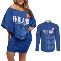 Custom England Cricket Couples Matching Off Shoulder Short Dress and Long Sleeve Button Shirt Go Three Lions - Blue Ver
