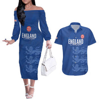Custom England Cricket Couples Matching Off The Shoulder Long Sleeve Dress and Hawaiian Shirt Go Three Lions - Blue Ver