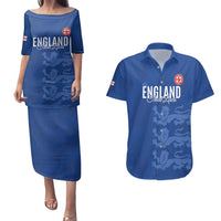 Custom England Cricket Couples Matching Puletasi and Hawaiian Shirt Go Three Lions - Blue Ver