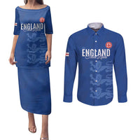 Custom England Cricket Couples Matching Puletasi and Long Sleeve Button Shirt Go Three Lions - Blue Ver