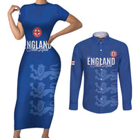 Custom England Cricket Couples Matching Short Sleeve Bodycon Dress and Long Sleeve Button Shirt Go Three Lions - Blue Ver