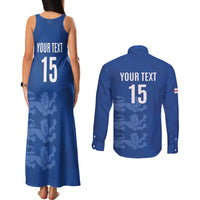 Custom England Cricket Couples Matching Tank Maxi Dress and Long Sleeve Button Shirt Go Three Lions - Blue Ver