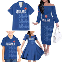 Custom England Cricket Family Matching Off The Shoulder Long Sleeve Dress and Hawaiian Shirt Go Three Lions - Blue Ver