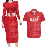 Custom England Cricket Couples Matching Long Sleeve Bodycon Dress and Hawaiian Shirt Go Three Lions - Red Ver