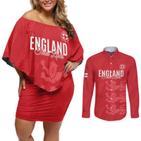 Custom England Cricket Couples Matching Off Shoulder Short Dress and Long Sleeve Button Shirt Go Three Lions - Red Ver