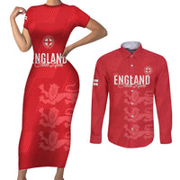 Custom England Cricket Couples Matching Short Sleeve Bodycon Dress and Long Sleeve Button Shirt Go Three Lions - Red Ver