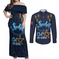 Morocco Happy Eid Mubarak Couples Matching Off Shoulder Maxi Dress and Long Sleeve Button Shirt Eid Al-Adha