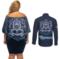 Morocco Happy Eid Mubarak Couples Matching Off Shoulder Short Dress and Long Sleeve Button Shirt Eid Al-Adha