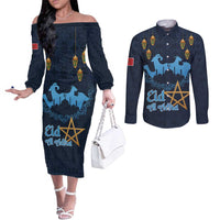 Morocco Happy Eid Mubarak Couples Matching Off The Shoulder Long Sleeve Dress and Long Sleeve Button Shirt Eid Al-Adha