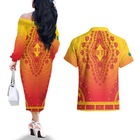 Personalized Benin African Dashiki Couples Matching Off The Shoulder Long Sleeve Dress and Hawaiian Shirt - Wonder Print Shop