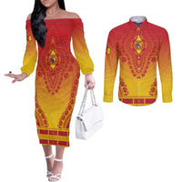 Personalized Cameroon African Dashiki Couples Matching Off The Shoulder Long Sleeve Dress and Long Sleeve Button Shirt - Wonder Print Shop