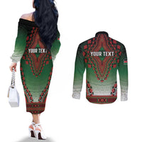 Personalized Kenya African Dashiki Couples Matching Off The Shoulder Long Sleeve Dress and Long Sleeve Button Shirt - Wonder Print Shop