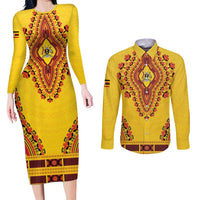 Personalized Uganda African Dashiki Couples Matching Long Sleeve Bodycon Dress and Long Sleeve Button Shirt - Wonder Print Shop