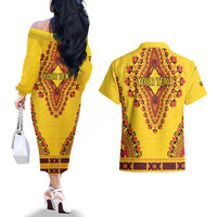 Personalized Uganda African Dashiki Couples Matching Off The Shoulder Long Sleeve Dress and Hawaiian Shirt - Wonder Print Shop