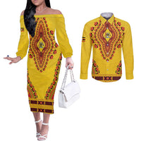 Personalized Uganda African Dashiki Couples Matching Off The Shoulder Long Sleeve Dress and Long Sleeve Button Shirt - Wonder Print Shop