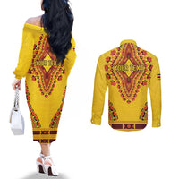Personalized Uganda African Dashiki Couples Matching Off The Shoulder Long Sleeve Dress and Long Sleeve Button Shirt - Wonder Print Shop