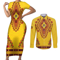 Personalized Uganda African Dashiki Couples Matching Short Sleeve Bodycon Dress and Long Sleeve Button Shirt - Wonder Print Shop