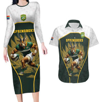 South Africa Rugby Personalised Couples Matching Long Sleeve Bodycon Dress and Hawaiian Shirt Springboks Mascot With King Protea - African Pattern - Wonder Print Shop