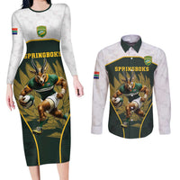 South Africa Rugby Personalised Couples Matching Long Sleeve Bodycon Dress and Long Sleeve Button Shirt Springboks Mascot With King Protea - African Pattern - Wonder Print Shop