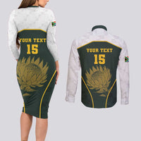 South Africa Rugby Personalised Couples Matching Long Sleeve Bodycon Dress and Long Sleeve Button Shirt Springboks Mascot With King Protea - African Pattern - Wonder Print Shop