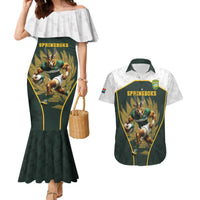 South Africa Rugby Personalised Couples Matching Mermaid Dress and Hawaiian Shirt Springboks Mascot With King Protea - African Pattern - Wonder Print Shop