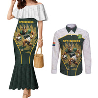 South Africa Rugby Personalised Couples Matching Mermaid Dress and Long Sleeve Button Shirt Springboks Mascot With King Protea - African Pattern