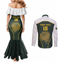 South Africa Rugby Personalised Couples Matching Mermaid Dress and Long Sleeve Button Shirt Springboks Mascot With King Protea - African Pattern