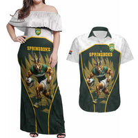 South Africa Rugby Personalised Couples Matching Off Shoulder Maxi Dress and Hawaiian Shirt Springboks Mascot With King Protea - African Pattern - Wonder Print Shop