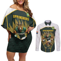 South Africa Rugby Personalised Couples Matching Off Shoulder Short Dress and Long Sleeve Button Shirt Springboks Mascot With King Protea - African Pattern - Wonder Print Shop