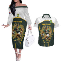 South Africa Rugby Personalised Couples Matching Off The Shoulder Long Sleeve Dress and Hawaiian Shirt Springboks Mascot With King Protea - African Pattern - Wonder Print Shop