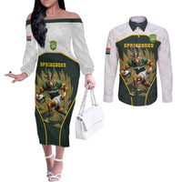 South Africa Rugby Personalised Couples Matching Off The Shoulder Long Sleeve Dress and Long Sleeve Button Shirt Springboks Mascot With King Protea - African Pattern