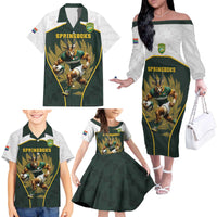 South Africa Rugby Personalised Family Matching Off The Shoulder Long Sleeve Dress and Hawaiian Shirt Springboks Mascot With King Protea - African Pattern - Wonder Print Shop