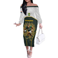 South Africa Rugby Personalised Family Matching Off The Shoulder Long Sleeve Dress and Hawaiian Shirt Springboks Mascot With King Protea - African Pattern - Wonder Print Shop