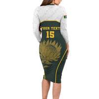 South Africa Rugby Personalised Long Sleeve Bodycon Dress Springboks Mascot With King Protea - African Pattern - Wonder Print Shop