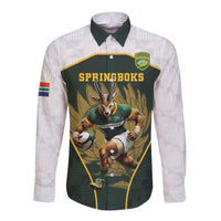 South Africa Rugby Personalised Long Sleeve Button Shirt Springboks Mascot With King Protea - African Pattern - Wonder Print Shop